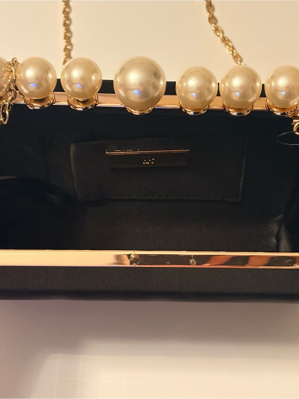 INC International Concepts Black Satin Pearl-Trim Chain Clutch - Picture 4 of 6